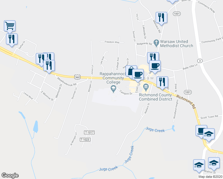 map of restaurants, bars, coffee shops, grocery stores, and more near 247 Main Street in Warsaw
