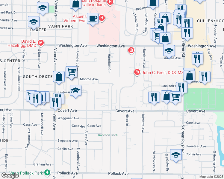 map of restaurants, bars, coffee shops, grocery stores, and more near 1400 Jeanette Avenue in Evansville