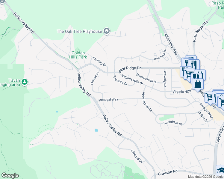 map of restaurants, bars, coffee shops, grocery stores, and more near 653 Byrdee Way in Lafayette
