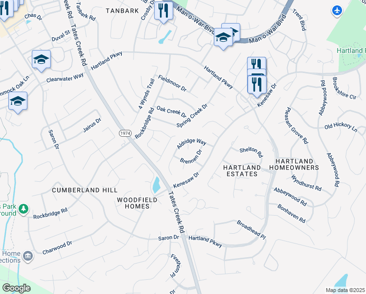 map of restaurants, bars, coffee shops, grocery stores, and more near 1168 Aldridge Way in Lexington