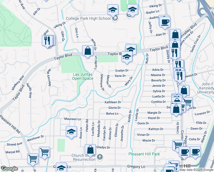map of restaurants, bars, coffee shops, grocery stores, and more near 1678 Merian Drive in Pleasant Hill