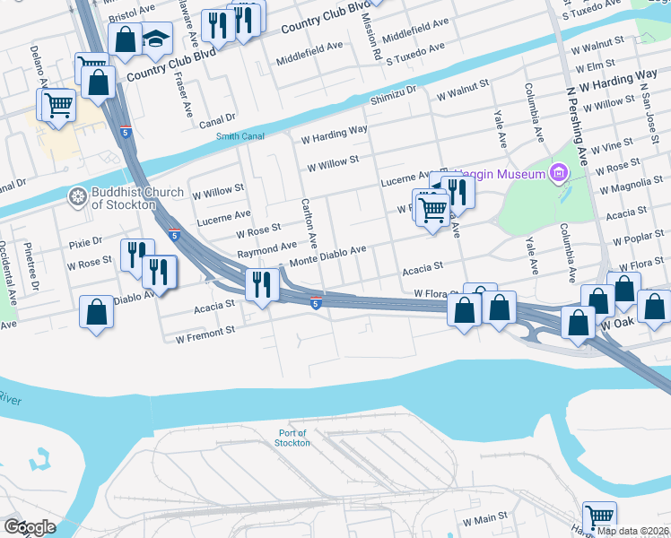 map of restaurants, bars, coffee shops, grocery stores, and more near 1039 Victoria Avenue in Stockton