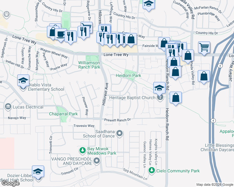 map of restaurants, bars, coffee shops, grocery stores, and more near in Antioch