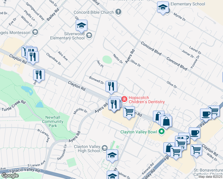 map of restaurants, bars, coffee shops, grocery stores, and more near 1525 Ayers Road in Concord