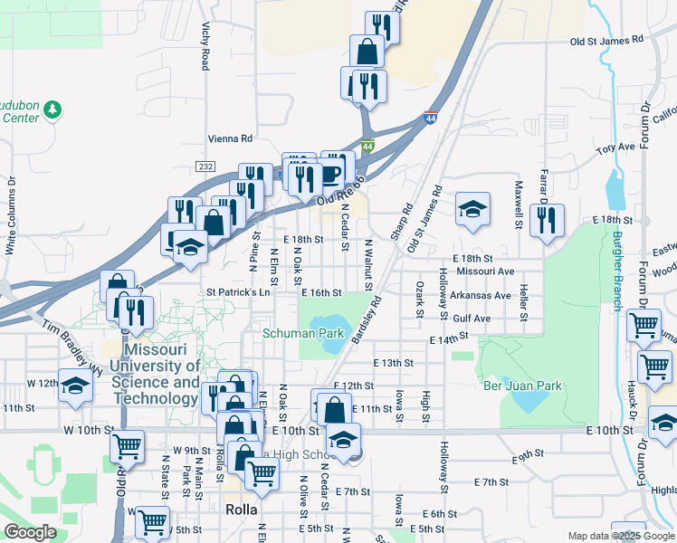 map of restaurants, bars, coffee shops, grocery stores, and more near 1609 North Cedar Street in Rolla