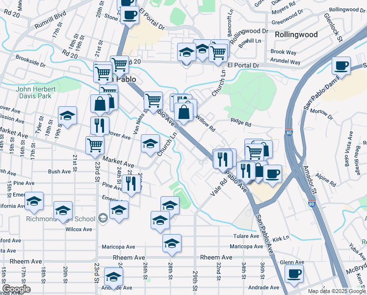 map of restaurants, bars, coffee shops, grocery stores, and more near 2842 Chattleton Lane in San Pablo