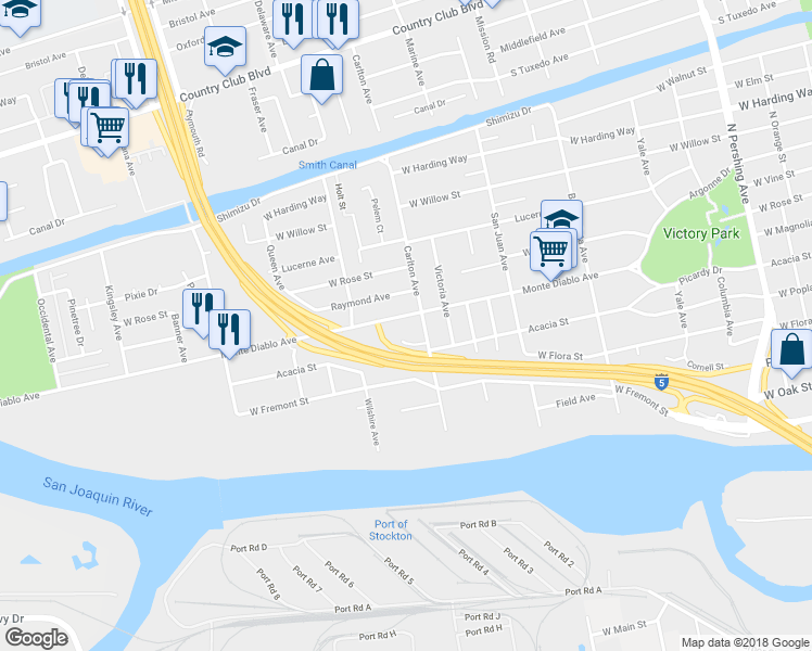 map of restaurants, bars, coffee shops, grocery stores, and more near 2130 Monte Diablo Avenue in Stockton