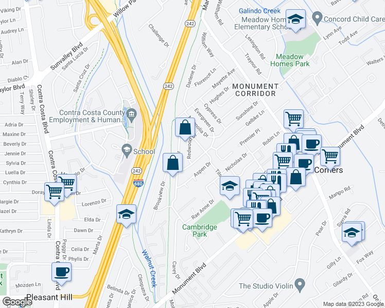 map of restaurants, bars, coffee shops, grocery stores, and more near 1226 Redwood Drive in Concord