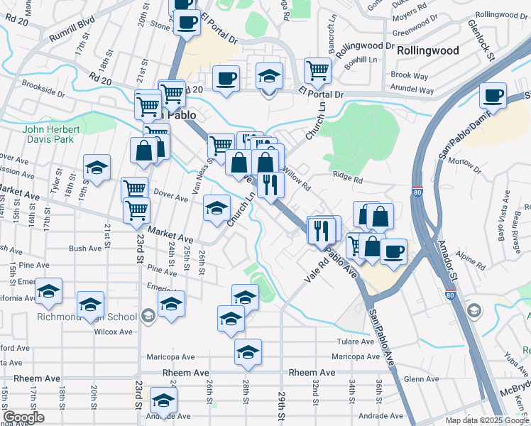 map of restaurants, bars, coffee shops, grocery stores, and more near 2842 Chattleton Lane in San Pablo