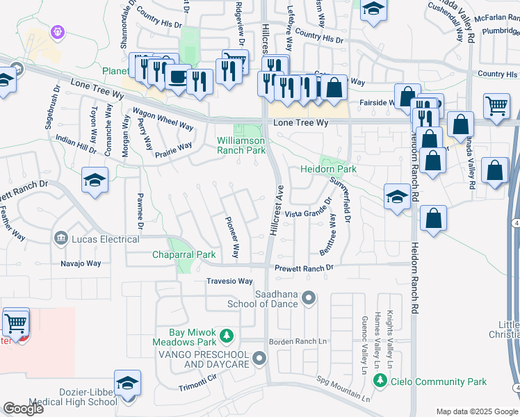 map of restaurants, bars, coffee shops, grocery stores, and more near 5249 Clydesdale Way in Antioch