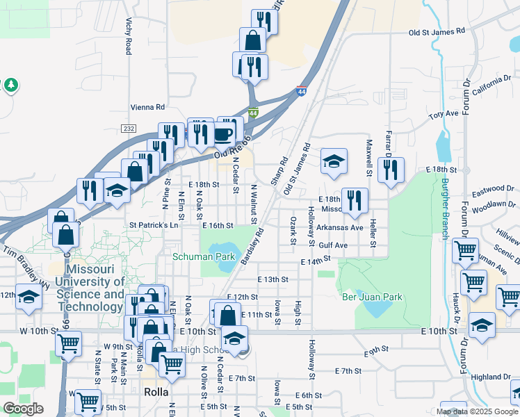 map of restaurants, bars, coffee shops, grocery stores, and more near 1606 North Walnut Street in Rolla
