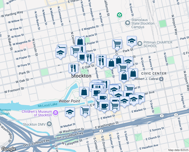 map of restaurants, bars, coffee shops, grocery stores, and more near 441 North Hunter Street in Stockton