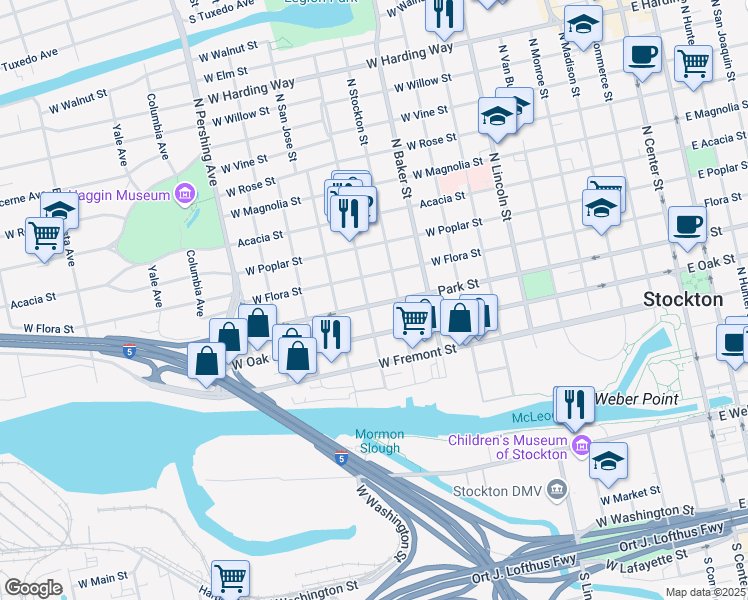 map of restaurants, bars, coffee shops, grocery stores, and more near 935 West Park Street in Stockton