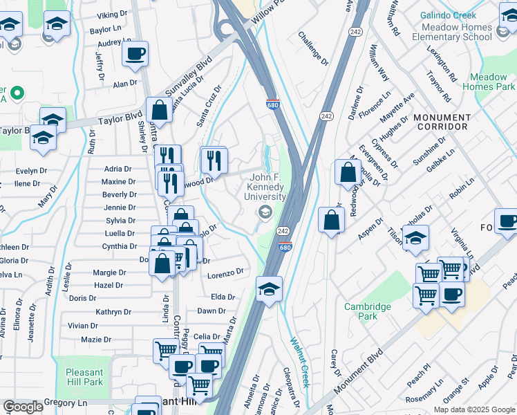 map of restaurants, bars, coffee shops, grocery stores, and more near 901 Oakside Court in Pleasant Hill