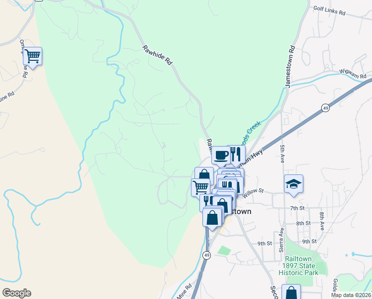 map of restaurants, bars, coffee shops, grocery stores, and more near 18426 Daly Court in Jamestown