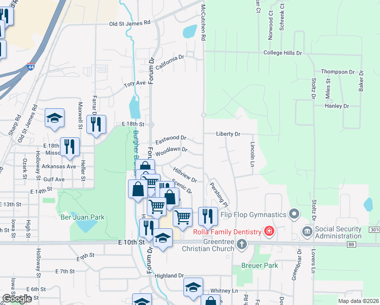 map of restaurants, bars, coffee shops, grocery stores, and more near 1319 Woodlawn Drive in Rolla