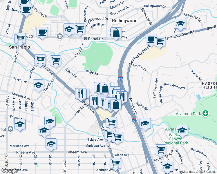 map of restaurants, bars, coffee shops, grocery stores, and more near 2614 Vale Road in San Pablo