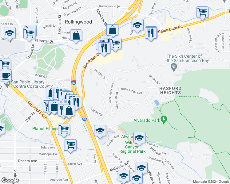 map of restaurants, bars, coffee shops, grocery stores, and more near 1707 Beau Rivage in San Pablo
