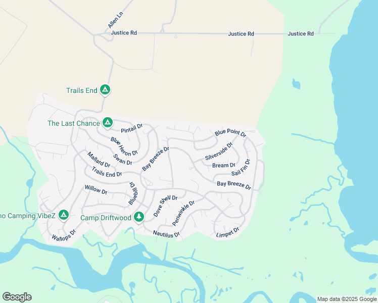 map of restaurants, bars, coffee shops, grocery stores, and more near Bay Breeze Drive in Horntown