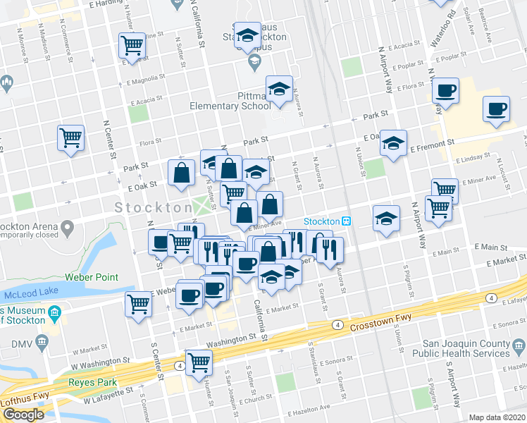 map of restaurants, bars, coffee shops, grocery stores, and more near 334 North American Street in Stockton