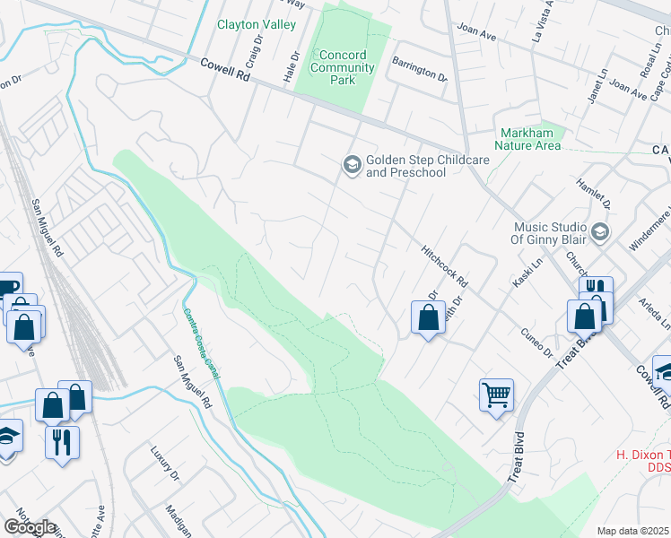 map of restaurants, bars, coffee shops, grocery stores, and more near 3745 Northridge Drive in Concord
