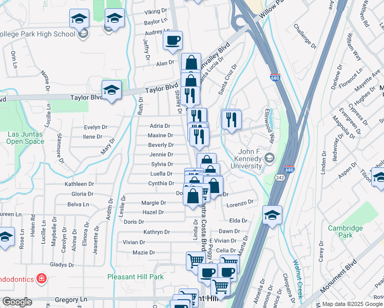 map of restaurants, bars, coffee shops, grocery stores, and more near 1737 Shirley Drive in Pleasant Hill