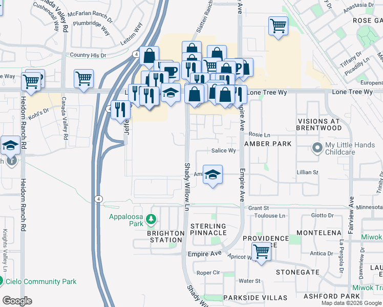 map of restaurants, bars, coffee shops, grocery stores, and more near 2187 Salice Way in Brentwood