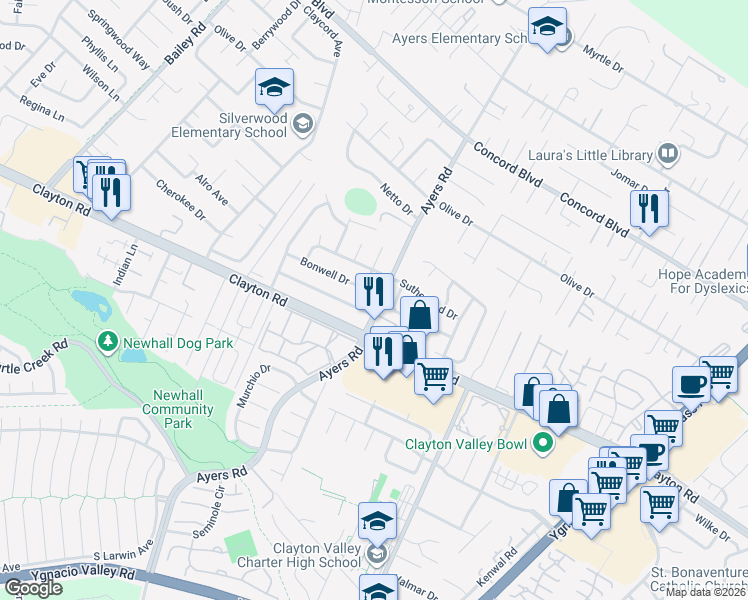 map of restaurants, bars, coffee shops, grocery stores, and more near 1525 Ayers Road in Concord