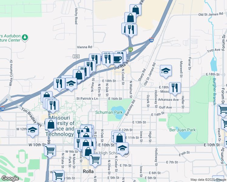 map of restaurants, bars, coffee shops, grocery stores, and more near 1609 North Olive Street in Rolla