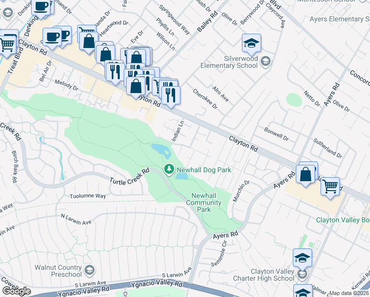 map of restaurants, bars, coffee shops, grocery stores, and more near 4846 Boxer Boulevard in Concord