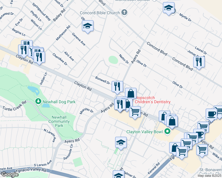 map of restaurants, bars, coffee shops, grocery stores, and more near 5077 Kenmore Drive in Concord