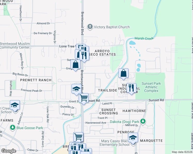 map of restaurants, bars, coffee shops, grocery stores, and more near 2092 Heartland Circle in Brentwood
