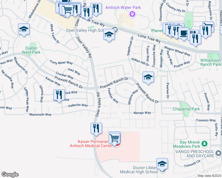 map of restaurants, bars, coffee shops, grocery stores, and more near 5209 Feather Way in Antioch