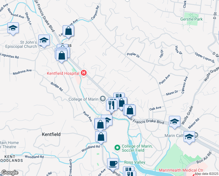 map of restaurants, bars, coffee shops, grocery stores, and more near 11 Elm Avenue in Kentfield