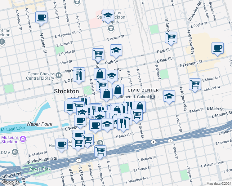 map of restaurants, bars, coffee shops, grocery stores, and more near 334 North American Street in Stockton