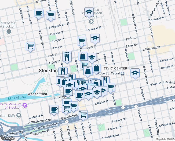 map of restaurants, bars, coffee shops, grocery stores, and more near 344 North California Street in Stockton