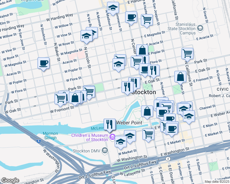 map of restaurants, bars, coffee shops, grocery stores, and more near 528 North Monroe Street in Stockton