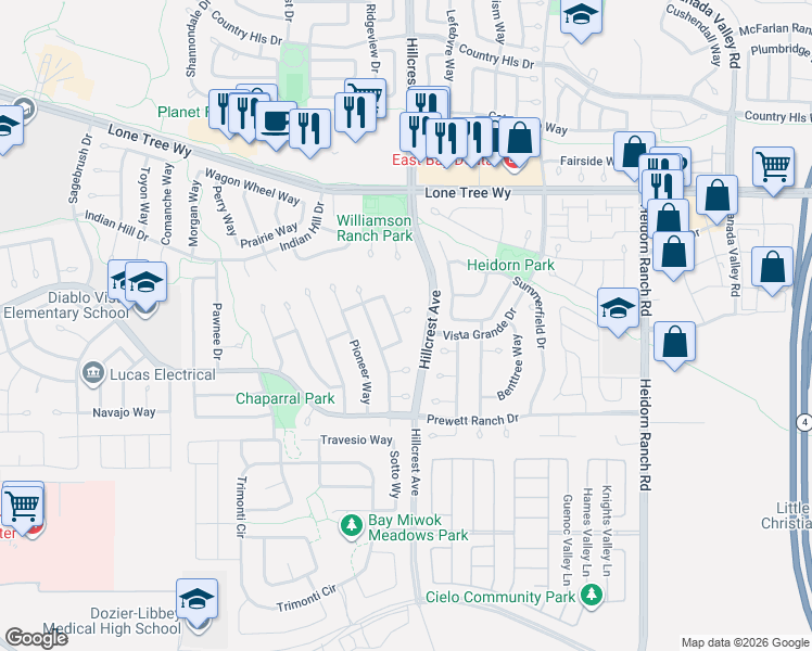 map of restaurants, bars, coffee shops, grocery stores, and more near 5217 Walker Court in Antioch