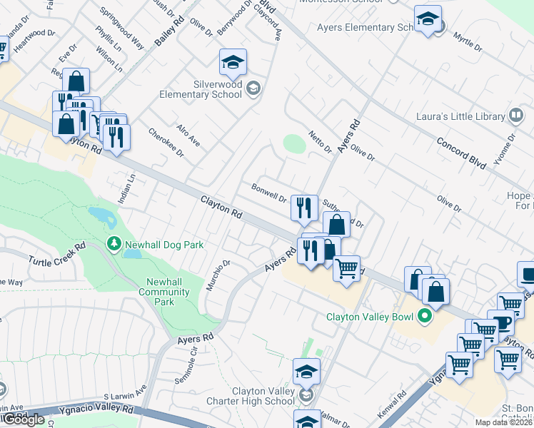 map of restaurants, bars, coffee shops, grocery stores, and more near 5047 Clayton Road in Concord