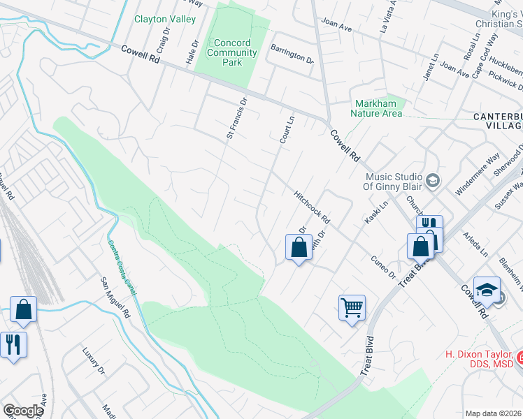 map of restaurants, bars, coffee shops, grocery stores, and more near 3819 Vintage Court in Concord