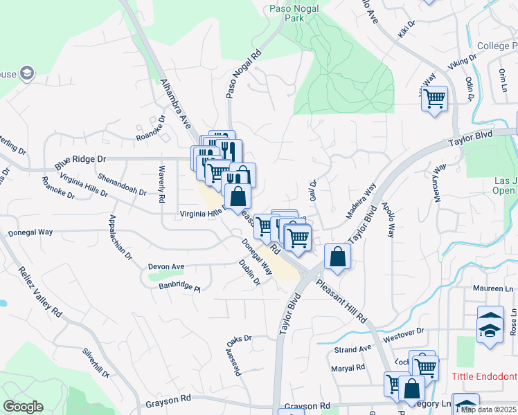 map of restaurants, bars, coffee shops, grocery stores, and more near 2750 Pleasant Hill Road in Pleasant Hill