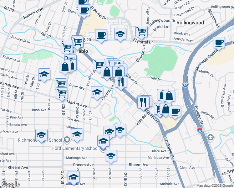 map of restaurants, bars, coffee shops, grocery stores, and more near 2842 Chattleton Lane in San Pablo