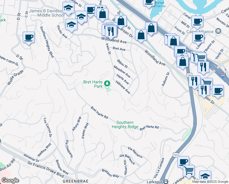 map of restaurants, bars, coffee shops, grocery stores, and more near 189 Irwin Street in San Rafael