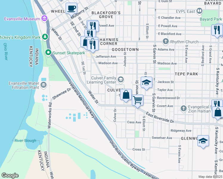 map of restaurants, bars, coffee shops, grocery stores, and more near 1414 Culver Drive in Evansville