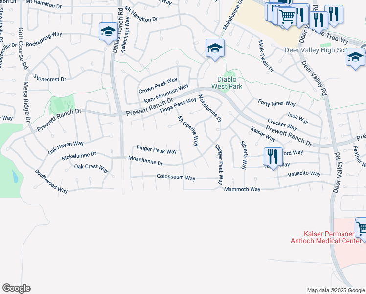 map of restaurants, bars, coffee shops, grocery stores, and more near 1656 Observation Court in Antioch