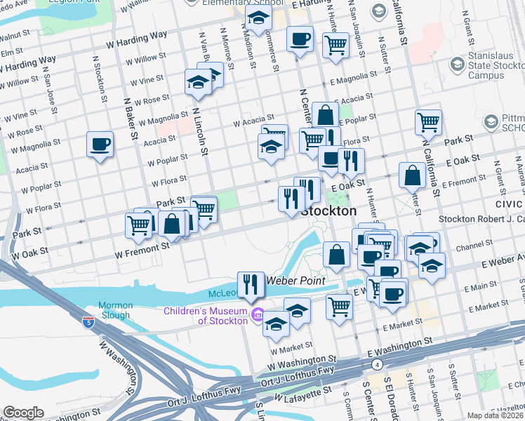 map of restaurants, bars, coffee shops, grocery stores, and more near 528 North Monroe Street in Stockton