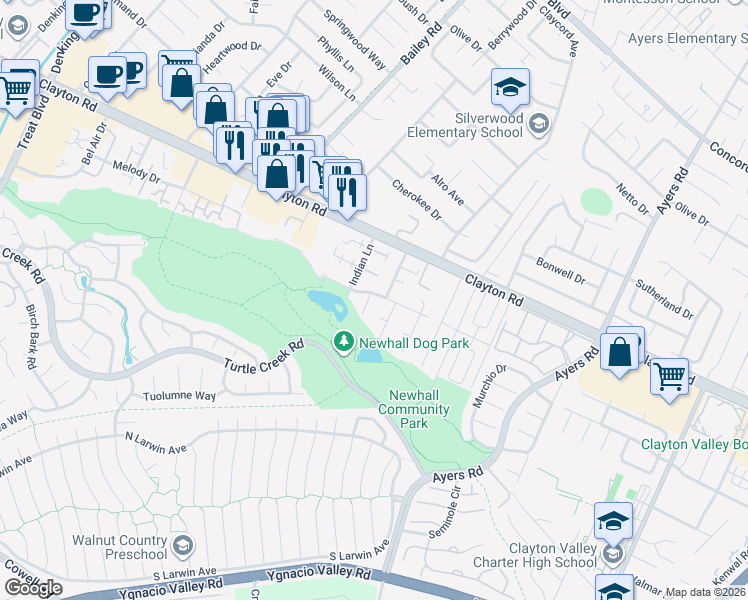 map of restaurants, bars, coffee shops, grocery stores, and more near 4846 Boxer Boulevard in Concord