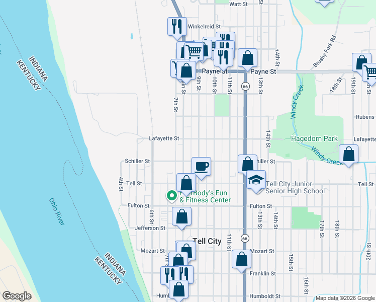 map of restaurants, bars, coffee shops, grocery stores, and more near 1101-1199 9th Street in Tell City