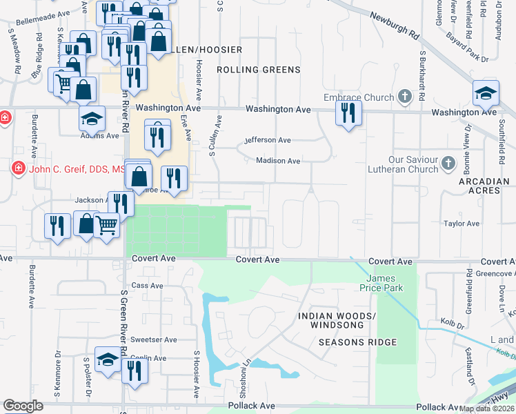 map of restaurants, bars, coffee shops, grocery stores, and more near 5520 Jackson Court in Evansville