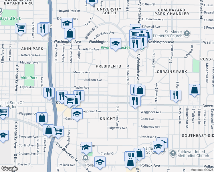 map of restaurants, bars, coffee shops, grocery stores, and more near 1701 Taylor Avenue in Evansville